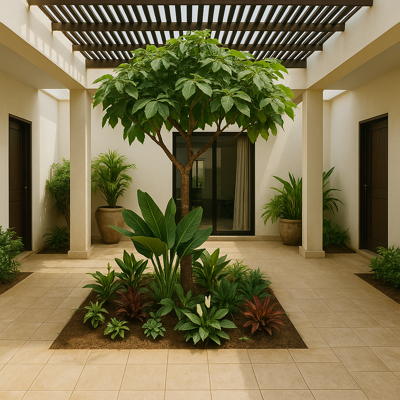 Patio planté protégé par une pergola