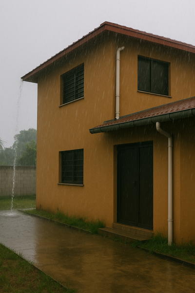 Maison et évacuation des eaux sous une pluie soutenue