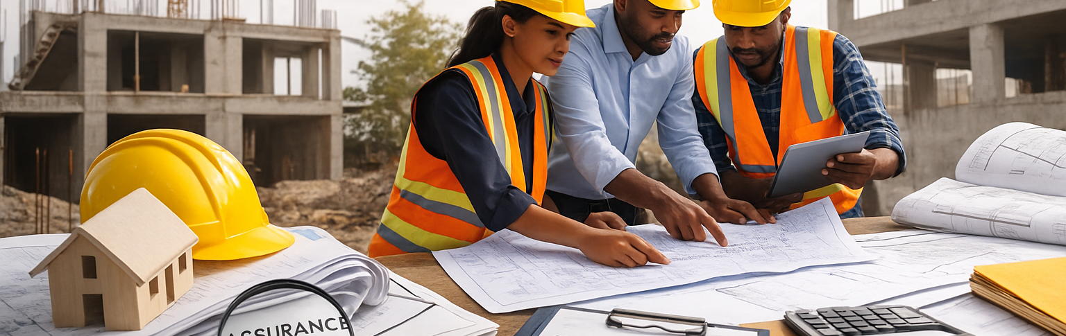 Professionnels examinant des plans sur un chantier