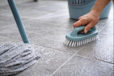 Nettoyage d’un sol carrelé à la brosse