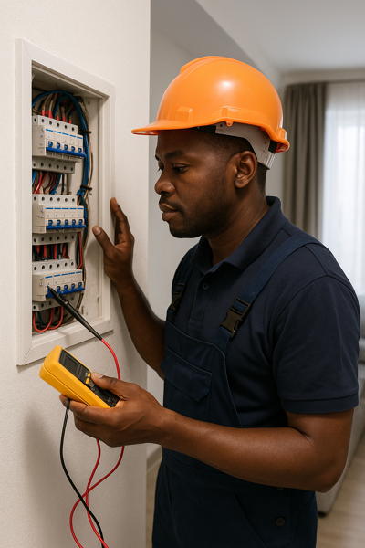Vérification de prises et d’une installation électrique dans un logement ivoirien