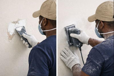 Préparation d’un mur avant peinture par rebouchage ou ponçage