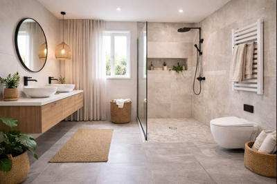 Agencement d’une salle de bain avec douche et sanitaires