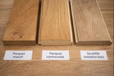 Échantillons de parquet massif, contrecollé et de stratifié