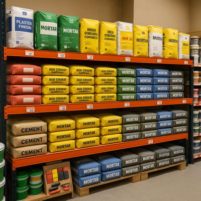 Sacs de mortier et d’enduit en magasin