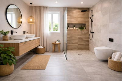 Salle de bain aux teintes claires et sol carrelé