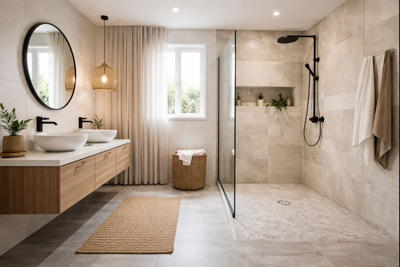 Salle de bain avec douche de plain-pied et meuble vasque