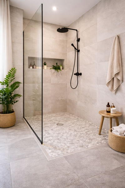 Douche avec petits carreaux au sol et paroi vitrée