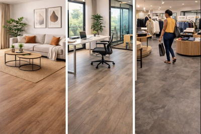 Exemples de sols dans un salon, un bureau et un commerce