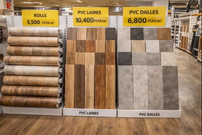 Présentation de rouleaux, lames et dalles de revêtement de sol
