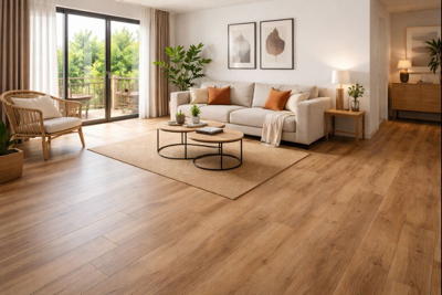Sol PVC aspect bois dans un salon lumineux