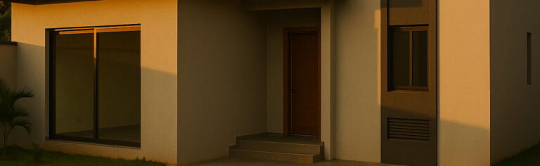 Façade de maison avec ouvertures et zones d’ombre sous une avancée de toiture