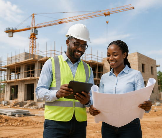 Professionnels consultant une tablette et un plan devant une maison en construction