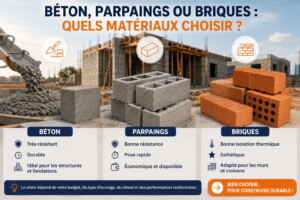 Infographie comparant le béton, les parpaings et les briques pour construire