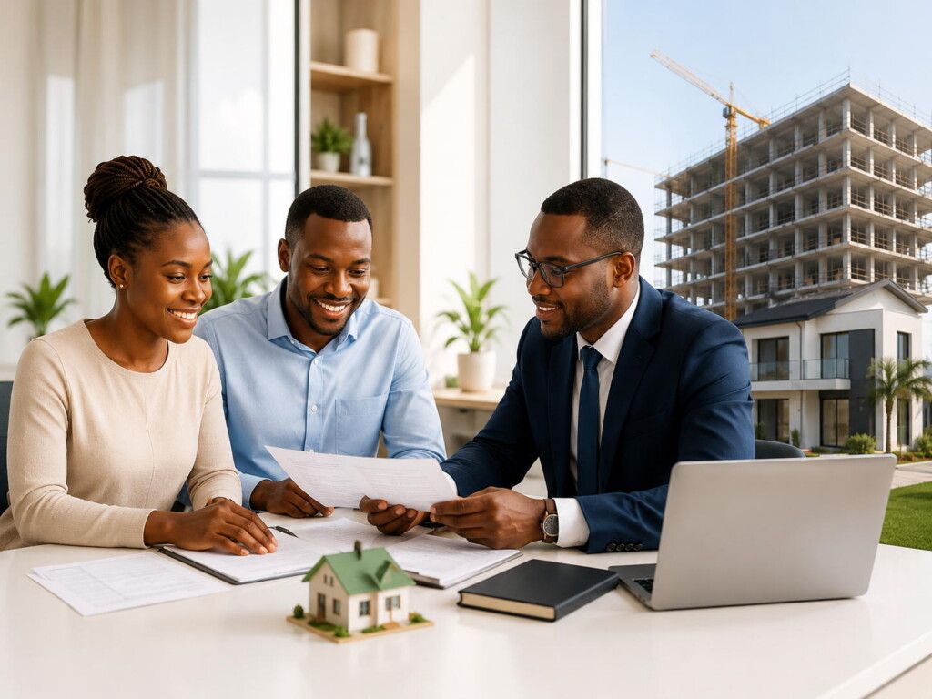 Couple et conseiller étudiant un projet immobilier autour de plans et d’une maquette