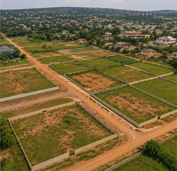 Vue aérienne de terrains découpés en parcelles avec voies de desserte