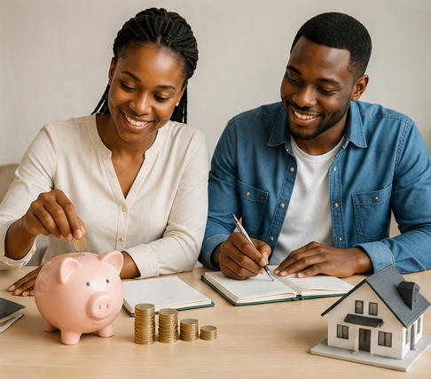 Couple préparant son apport avec une tirelire et des documents de financement