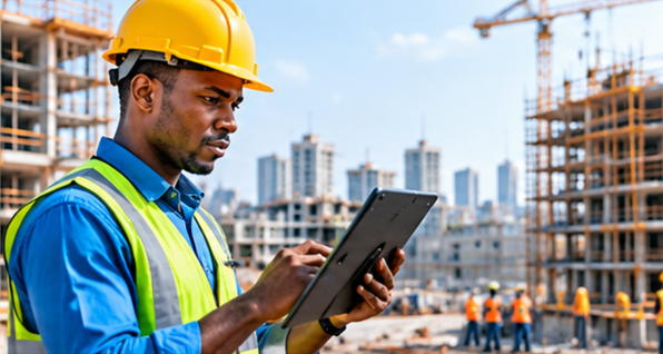 Professionnel ivoirien utilisant une tablette numérique sur un chantier de construction