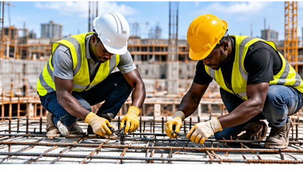 Ouvriers ivoiriens mettant en œuvre une méthode de construction rapide sur un chantier