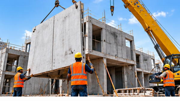 Pose d’un élément préfabriqué en béton sur un chantier moderne en Côte d’Ivoire
