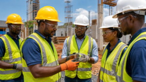 Équipe de chantier examinant un équipement de travail
