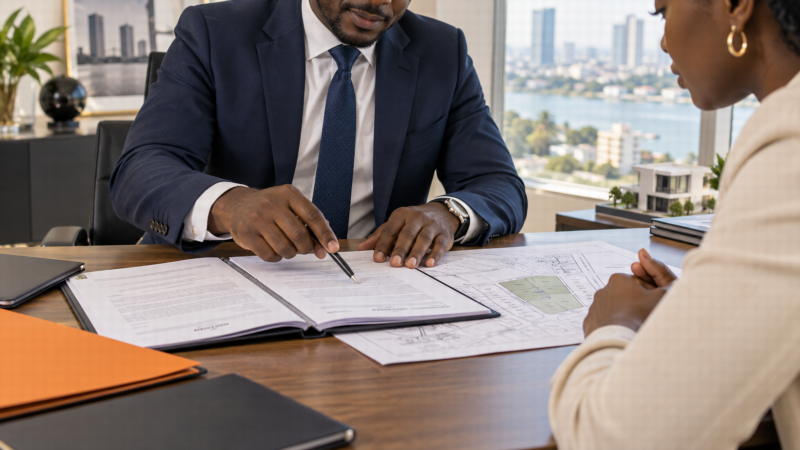 Professionnel expliquant un contrat immobilier à une acheteuse.