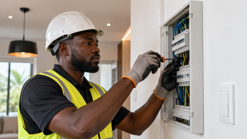 Électricien intervenant sur un tableau électrique dans un logement en Côte d’Ivoire