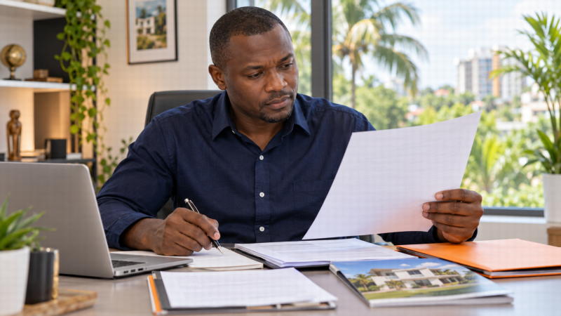 Acheteur examinant attentivement les documents d’un dossier immobilier.