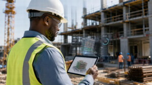 Ingénieur consultant une tablette devant un bâtiment en construction