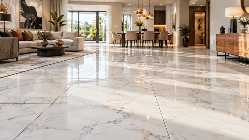 Salon contemporain avec carrelage grand format