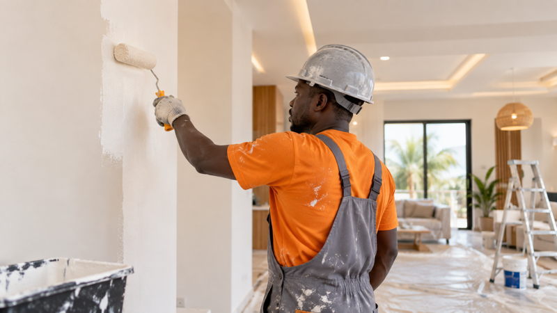 Peintre ivoirien appliquant une peinture intérieure au rouleau dans un logement moderne en Côte d’Ivoire