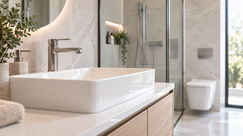 Salle de bains moderne avec sanitaires, robinetterie et douche en Côte d’Ivoire