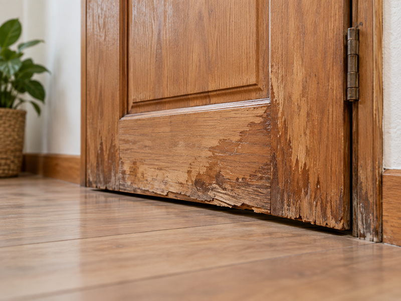 Porte en bois présentant des dégradations liées à l’humidité