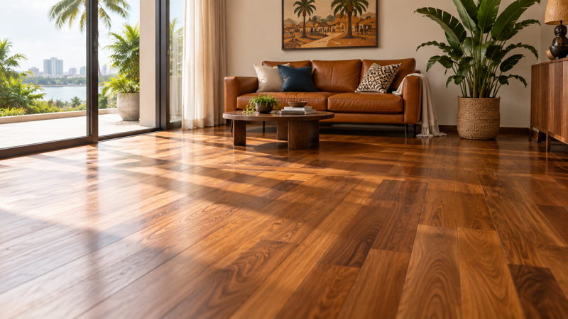 Intérieur chaleureux avec parquet dans une maison en Côte d’Ivoire