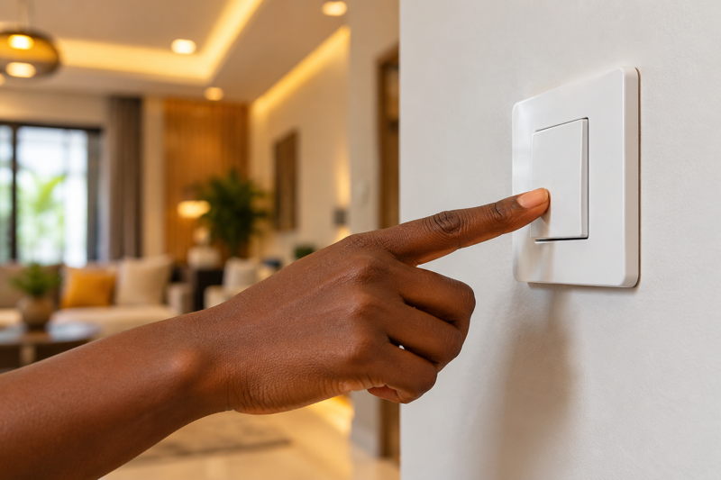 Main ivoirienne actionnant un interrupteur électrique mural dans un logement