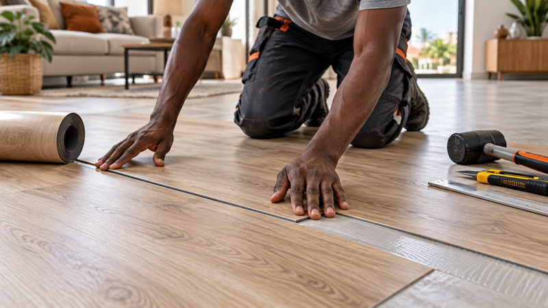 Pose d’un sol PVC imitation bois dans un salon lumineux