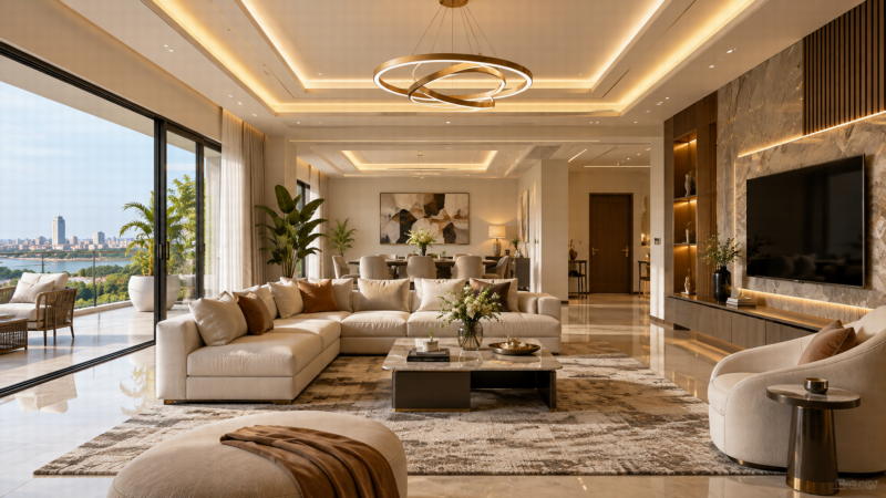 Salon moderne avec faux plafond et éclairage indirect