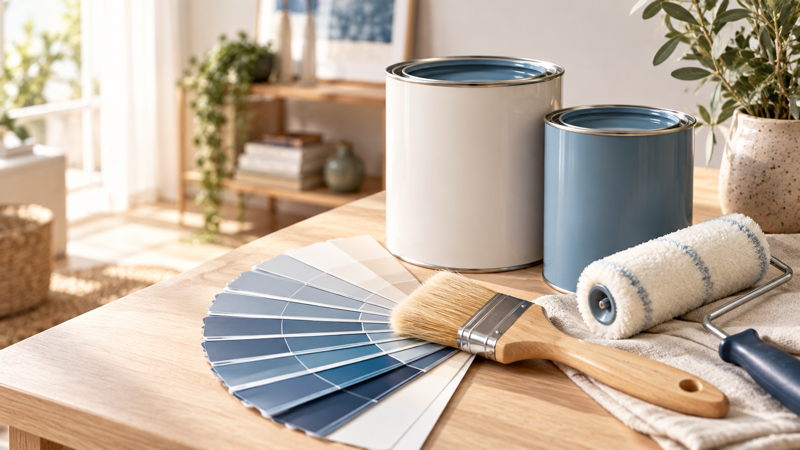 Pots de peinture, rouleau et nuancier pour choisir une peinture intérieure