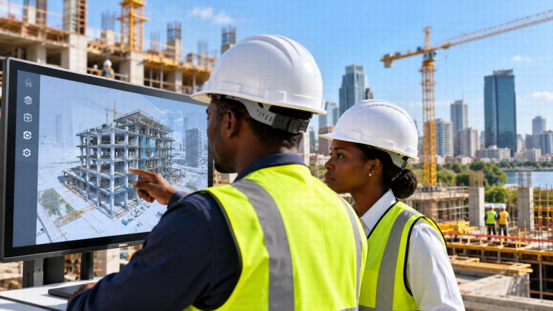 Professionnels ivoiriens utilisant une maquette BIM numérique sur un chantier en Côte d’Ivoire
