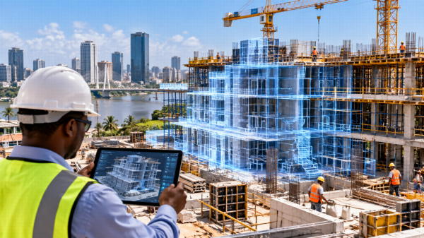 Ingénieur ivoirien utilisant une maquette numérique BIM sur un chantier en Côte d’Ivoire