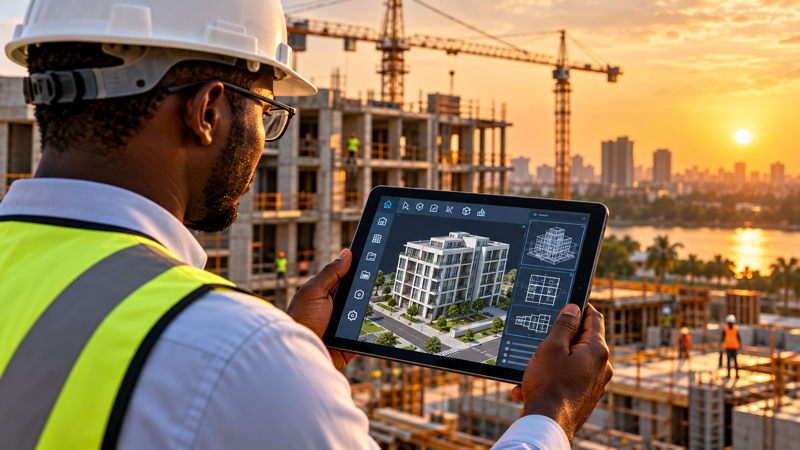 Ingénieur consultant une maquette numérique BIM sur tablette devant un chantier