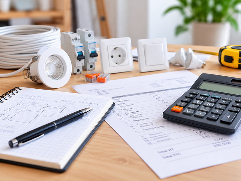 Équipements électriques, calculatrice et documents pour préparer le budget d’une installation