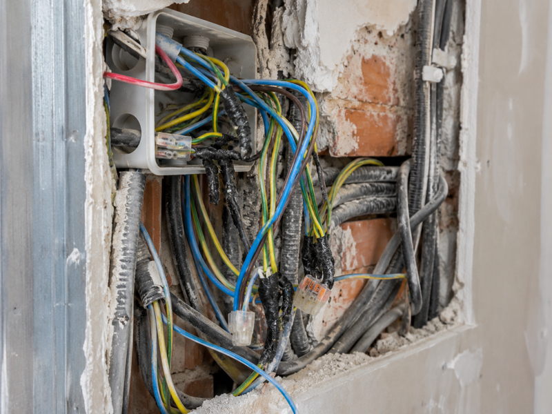 Câblage électrique mal organisé et non conforme dans un mur en rénovation