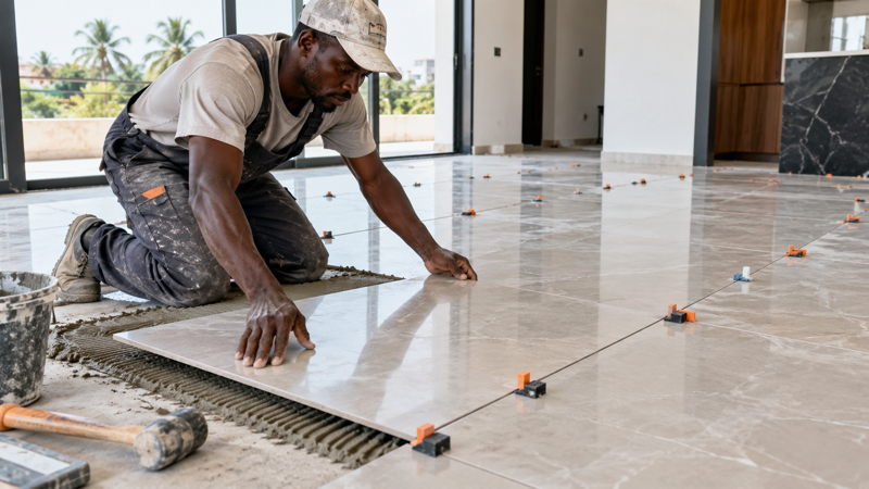Artisan posant du carrelage grand format dans un intérieur moderne en Côte d’Ivoire