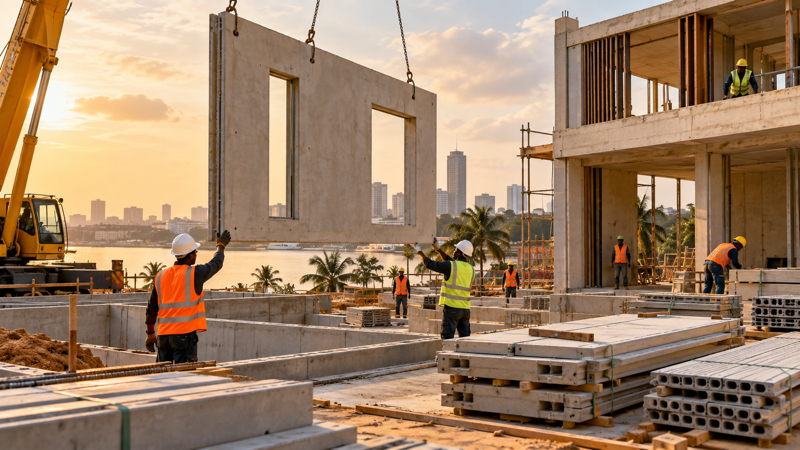 Chantier moderne avec préfabrication en béton au bord du fleuve en Côte d’Ivoire