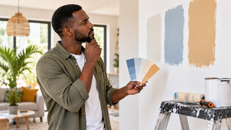 Homme ivoirien comparant plusieurs couleurs de peinture pour un intérieur