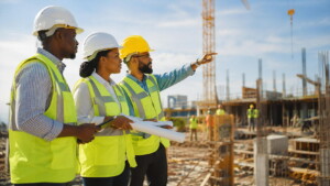Équipe de chantier suivant l’avancement des travaux à l’aide de plans