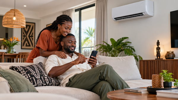 Climatisation connectée dans un intérieur moderne en Côte d’Ivoire