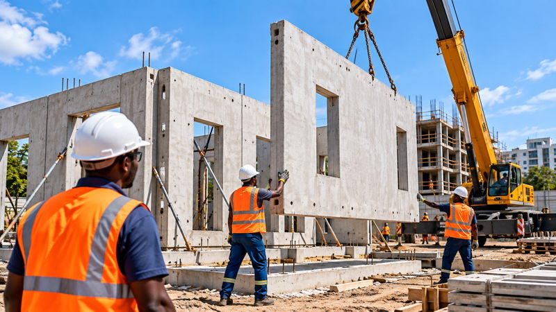 Ouvriers sur un chantier installant des panneaux préfabriqués en béton