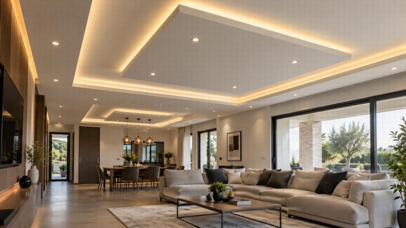 Faux plafond avec spots et éclairage LED décoratif